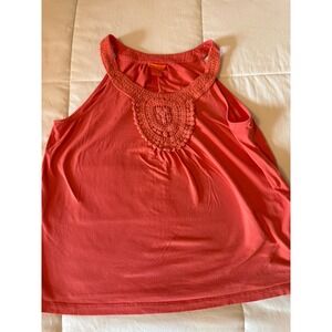 Joe Fresh Coral Orange Crochet Bib Neck Racerback Tank Top Sleeveless Blouse L